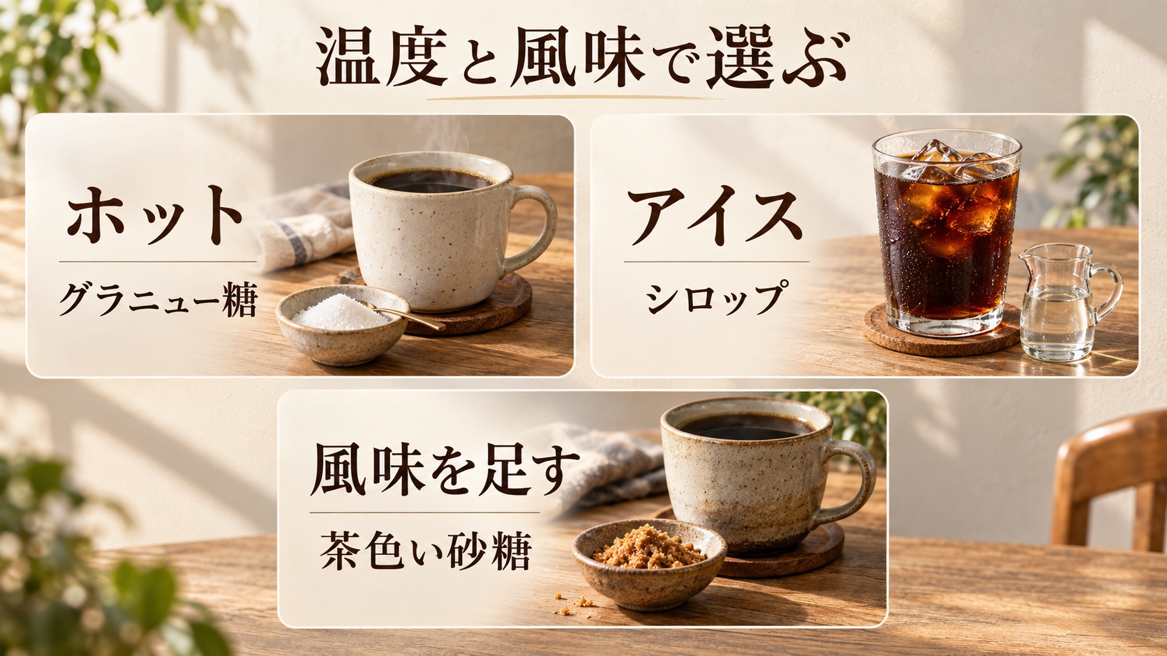 ホットにはグラニュー糖、アイスにはシロップ、風味を足したいときには茶色い砂糖という選び方の要約