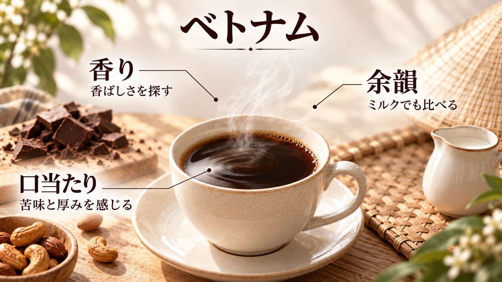 ベトナムのカップを中心に香り・口当たり・余韻の三つの注目点を示した図解